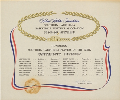 1968-69 Helms Athletic Foundation Certificate Presented To Lew Alcindor For Collegiate Player Of The Week (Abdul-Jabbar LOA)	